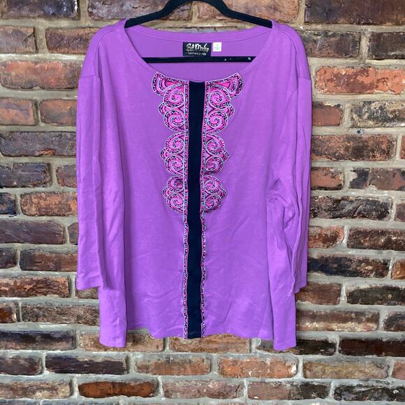 Bob Mackie Purple Silver Metallic Embroidered Long Sleeve Top Women's Size 3X - Picture 1 of 7